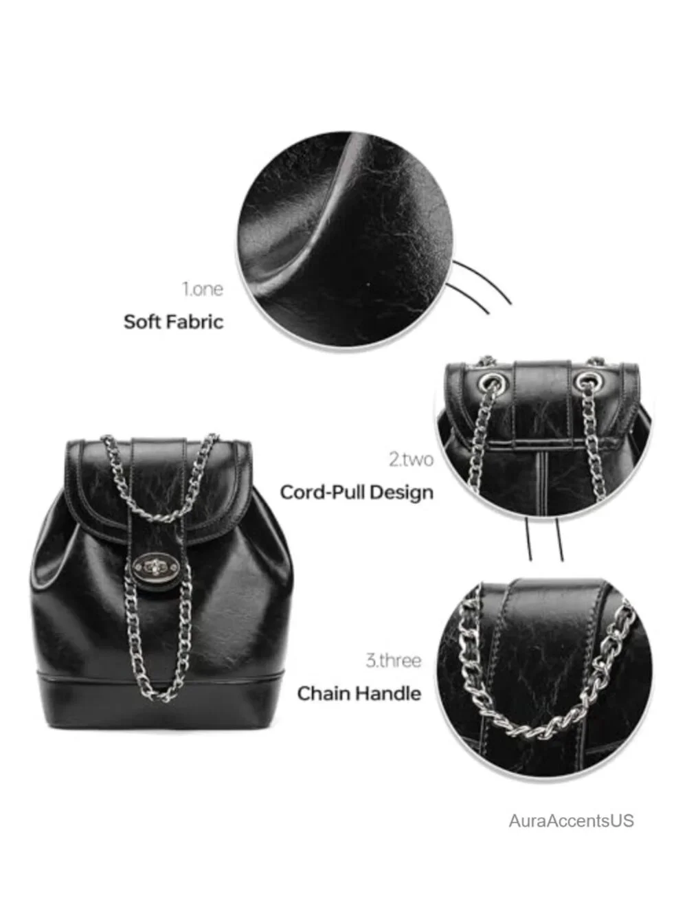 Vegan Leather Mini Backpack Purse for Women, 3 Compartments, Chain Drawstring,